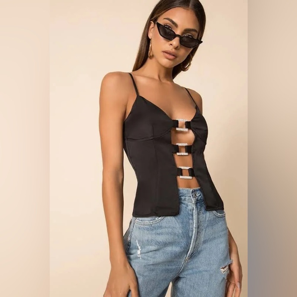 Superdown Yasmeen Bustier Top Black Silk Buckle Cut-Out Going Out Top Adjustable
